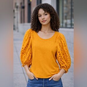 Express Eyelet Puff Sleeve Top - Mustard